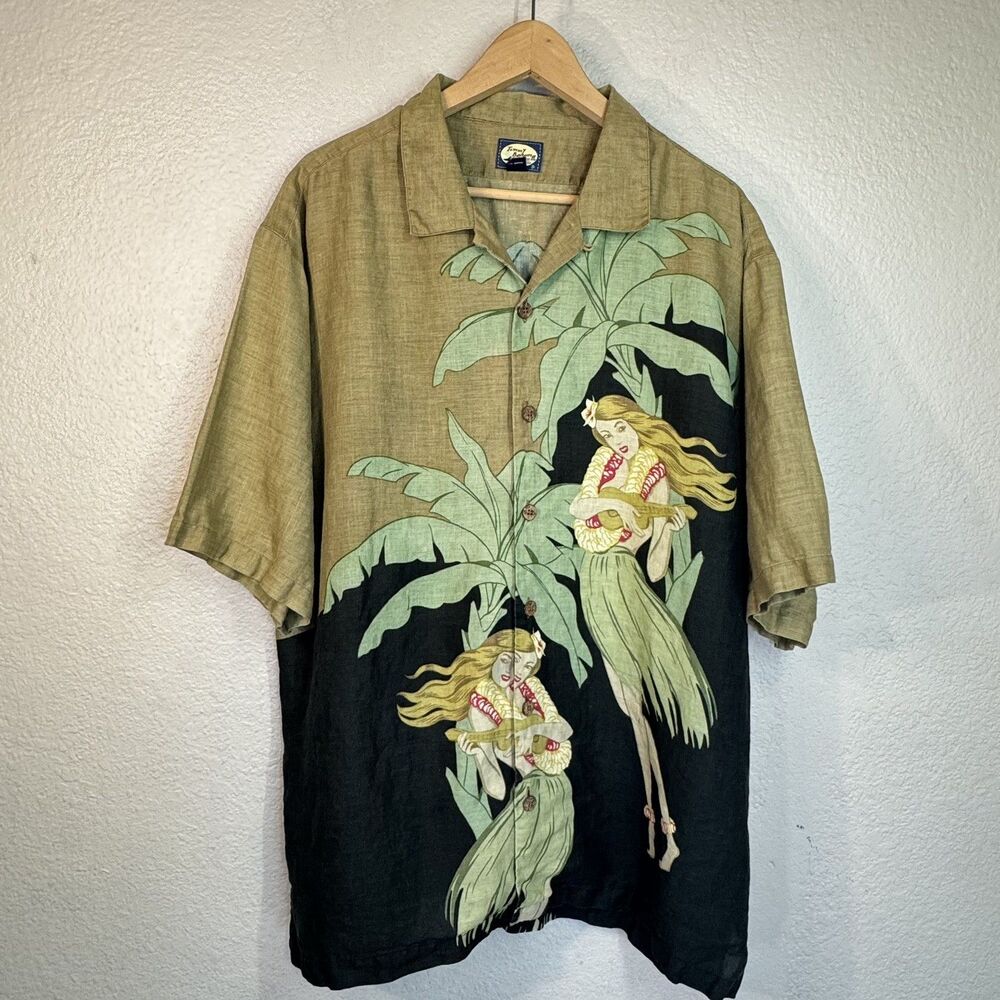 VTG Tommy Bahama Hawaiian Shirt 100% Linen Button Front Aloha Hula Girls Men XL